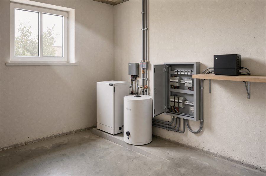Technikraum im Keller: Wärmeerzeuger und Speicher an der Wand, daneben ein offener Verteilerschrank mit beschrifteten Modulen, auf einem Regalbrett ein kleiner schwarzer Rechner.