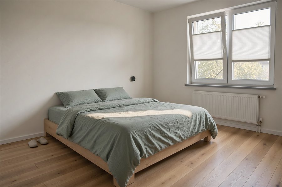 Schlafzimmer am Morgen: gekipptes Fenster mit Plissee, Sonnenlicht auf der Bettdecke, Heizkörper unter dem Fenster, kleines rundes Thermostat an der Wand.