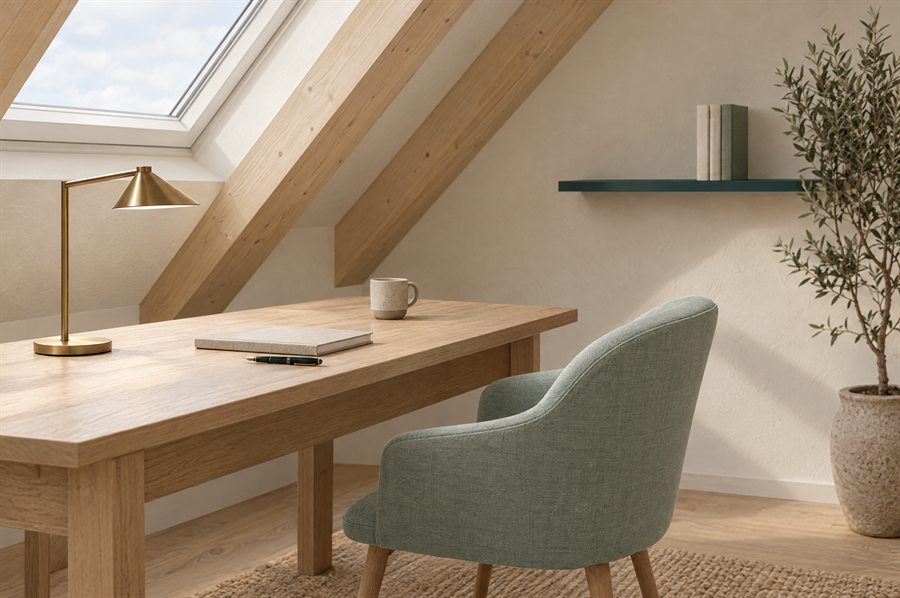 Arbeitsplatz unter der Dachschräge: Dachfenster mit Holzrahmen, Eichenschreibtisch mit geschlossenem Laptop und Schreibtischlampe, Stuhl mit grünem Polster, Olivenbaum im Topf.