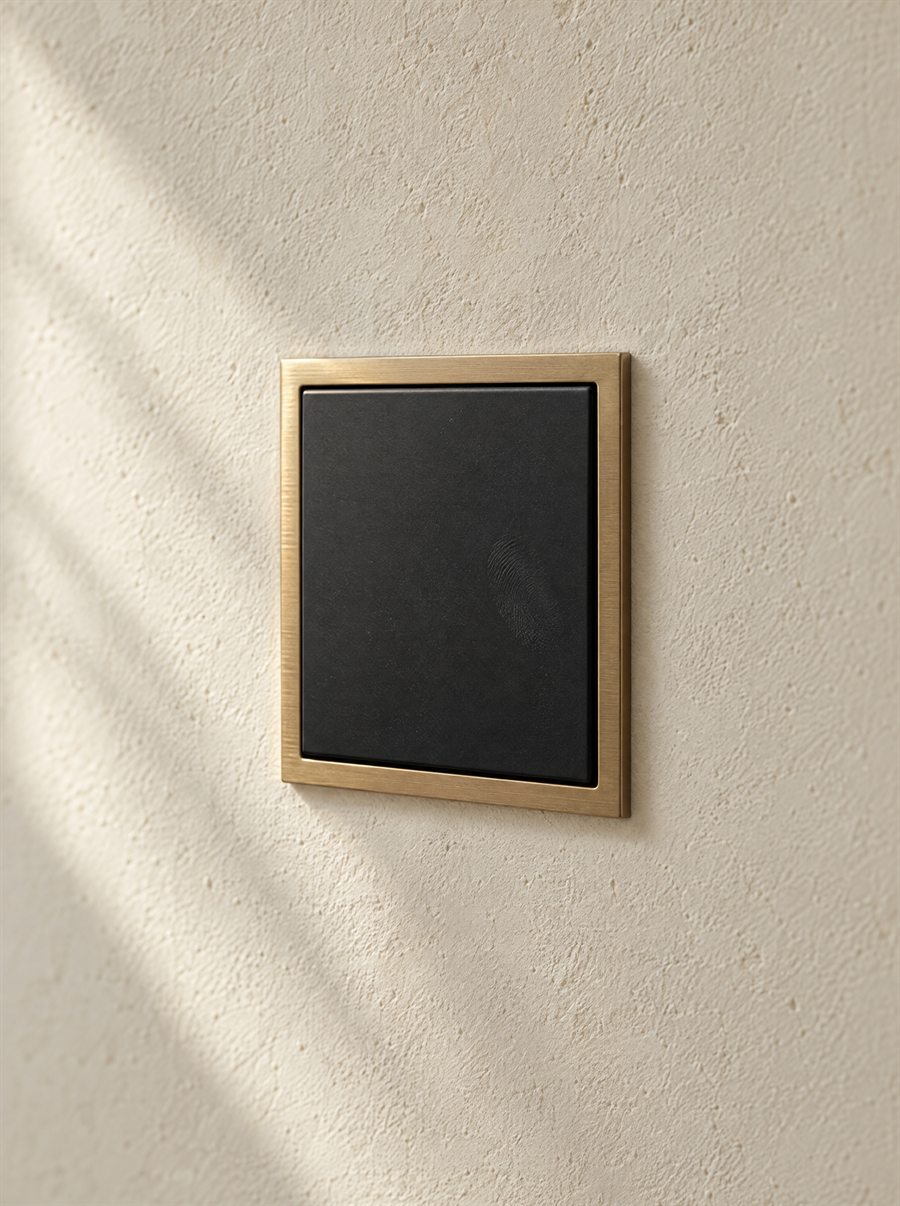 Nahaufnahme eines Wandtasters in Graphit mit Messingrahmen auf hellem Kalkputz.