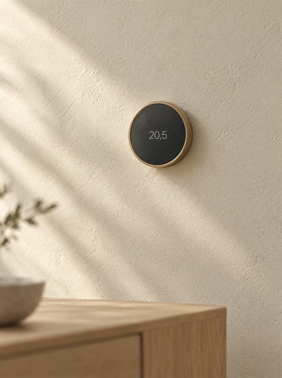 Rundes Wandthermostat mit Messingring und dunkler Anzeige, auf der 20,5 steht, an einer hellen Putzwand über einem Holzsideboard.