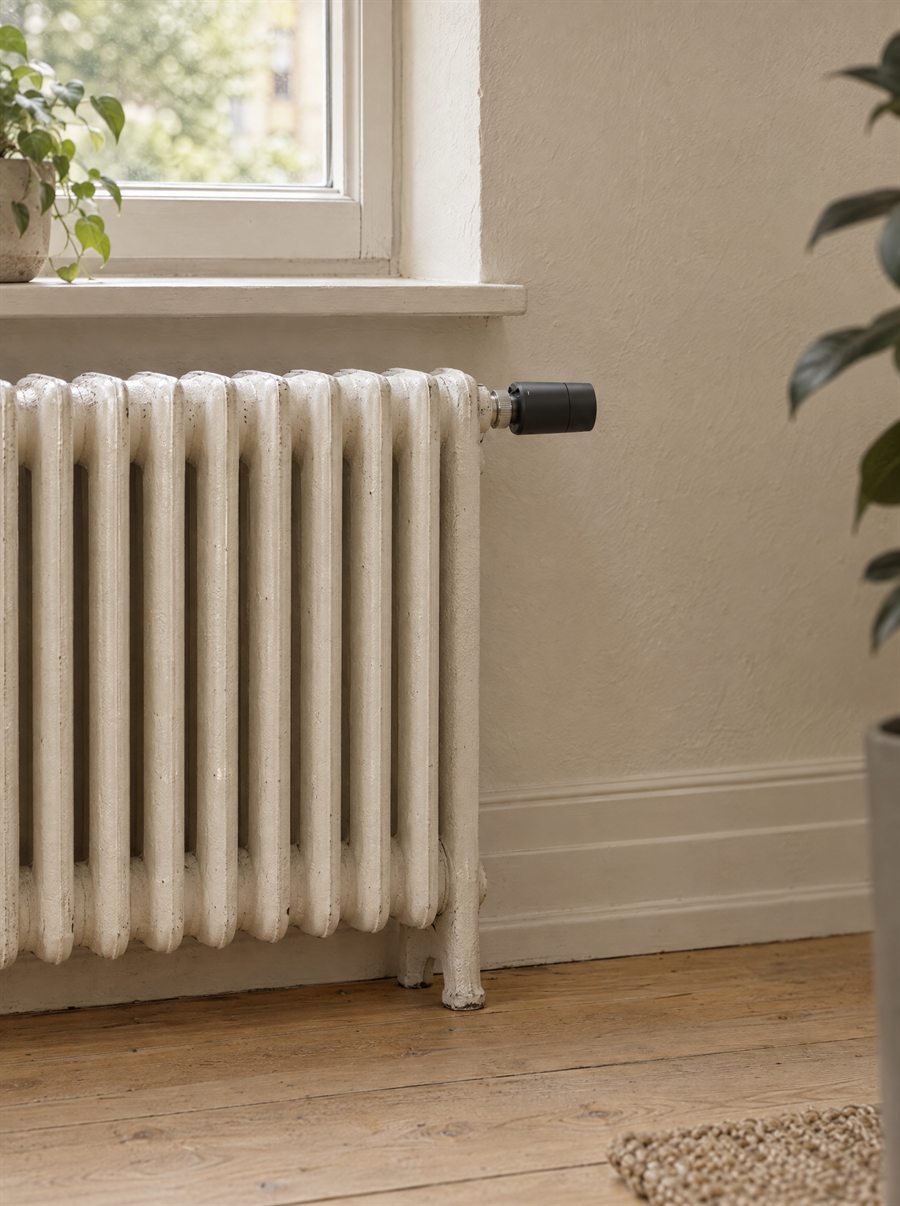 Alter weißer Gussheizkörper unter einem Fenster, am Ventil ein neuer schwarzer Thermostatkopf.