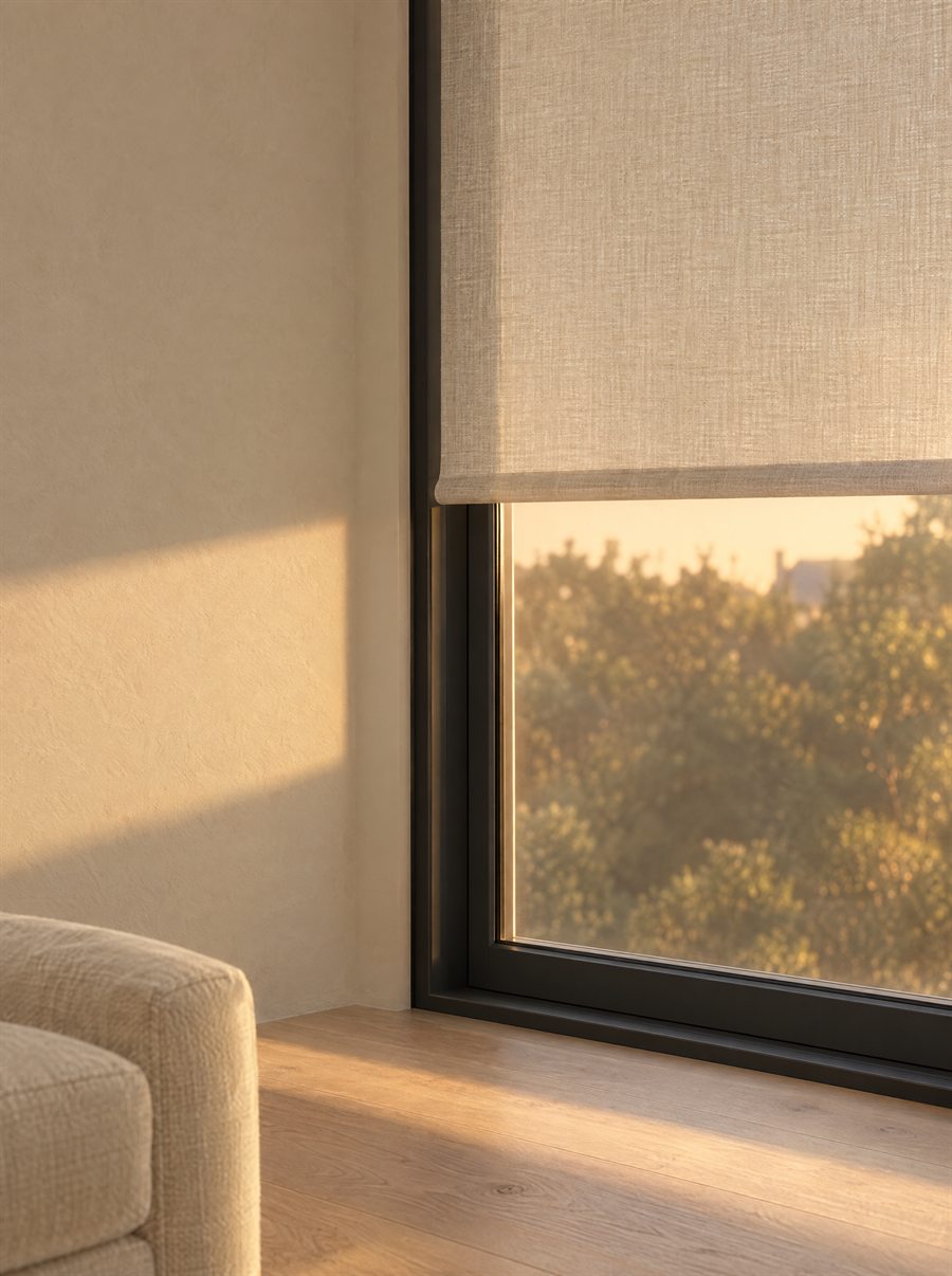 Halb heruntergelassenes Leinenrollo vor einem hohen Fenster, tief stehendes Sonnenlicht fällt in den Raum, davor ein heller Sessel.