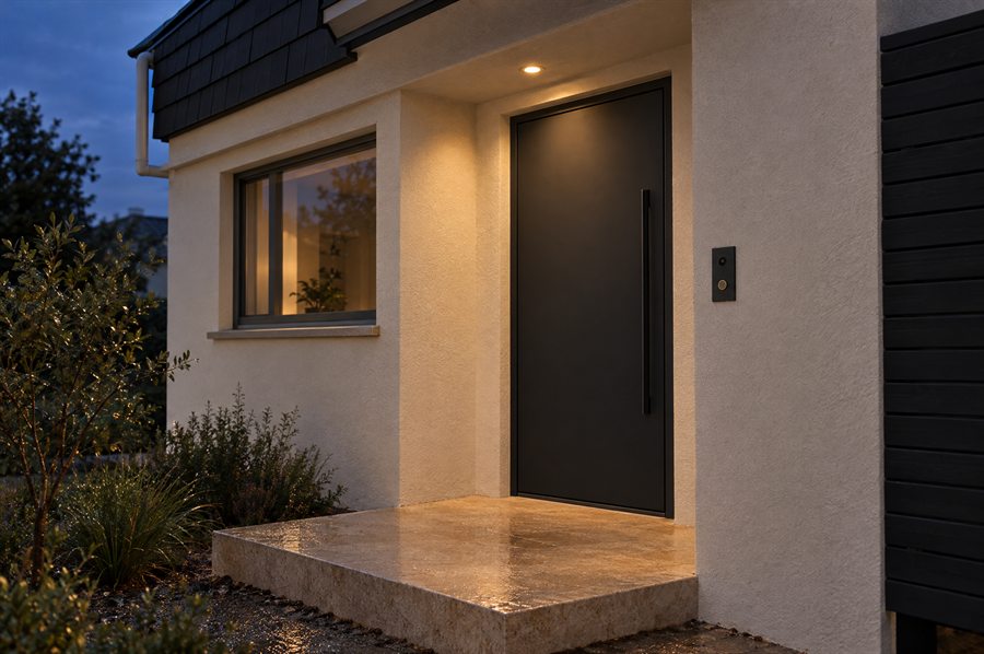 Hauseingang eines verputzten Wohnhauses in der Dämmerung: graphitfarbene Haustür, kleine Türstation mit Kamera neben der Tür, ein Downlight über dem Eingang.