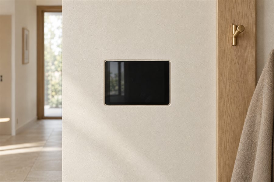 Bündig in die Flurwand eingelassenes Wandtablet mit dunklem Bildschirm, daneben eine Garderobe mit Messinghaken.