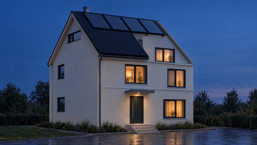 Das Wohnhaus von außen zur blauen Stunde: helle Fassade, Satteldach mit dunklen Solarmodulen, graphitfarbene Haustür mit Vordach und Stufen, in mehreren Fenstern warmes Licht.